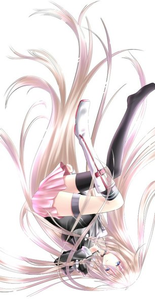 Anime picture 510x1000 with vocaloid ia (vocaloid) pumila single long hair tall image looking at viewer fringe blue eyes simple background white background bare shoulders white hair pleated skirt no shoes falling girl thighhighs skirt black thighhighs