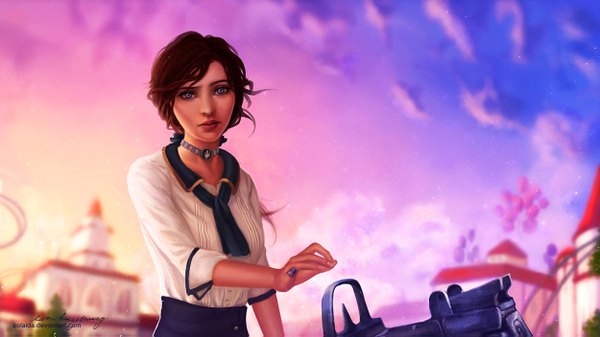 Anime picture 1250x703 with bioshock infinite elizabeth (bioshock infinite) zolaida (artist) single short hair brown hair wide image purple eyes sky cloud (clouds) lips realistic girl weapon choker gun clothes