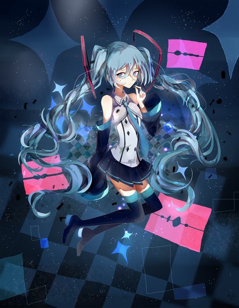 Anime picture 1837x2362 with vocaloid hatsune miku nadinehuifu single long hair tall image blush highres blue eyes twintails bare shoulders blue hair looking away long sleeves pleated skirt wide sleeves wavy hair jumping checkered checkered background