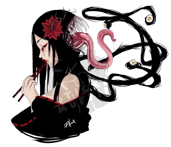 Anime picture 1300x1122 with original futakuchi-onna creepysheepstudio single long hair looking at viewer fringe open mouth black hair white background bare shoulders signed nail polish traditional clothes japanese clothes profile hair flower fingernails black eyes teeth