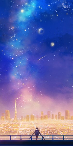 Anime picture 500x988 with bishoujo senshi sailor moon toei animation tsukino usagi sailor moon sugarmints tall image blonde hair standing twintails very long hair from behind night night sky city cityscape scenic city lights space shooting star milky way