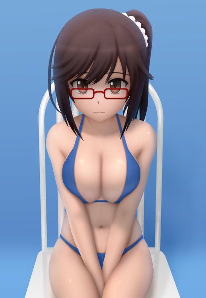 Anime picture 898x1300 with non non biyori silver link ichijou hotaru siraha single long hair tall image looking at viewer breasts light erotic brown hair sitting bare shoulders brown eyes cleavage side ponytail blue background girl navel swimsuit