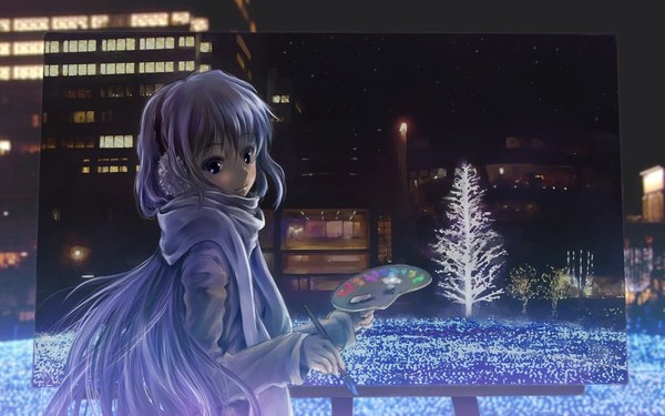 Anime picture 1920x1200 with original totuka single long hair highres wide image purple eyes purple hair night cityscape girl plant (plants) tree (trees) headphones scarf building (buildings) picture paintbrush earmuffs art brush