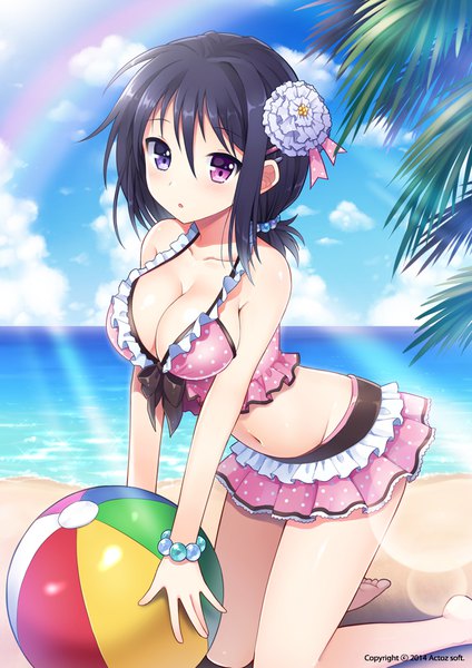 Anime picture 700x990 with million arthur (series) square enix tagme (character) mauve single tall image looking at viewer blush fringe short hair breasts light erotic black hair hair between eyes large breasts sky cleavage cloud (clouds) parted lips :o