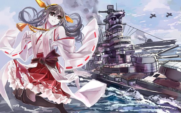 Anime picture 1200x750 with kantai collection haruna battleship fullerene single long hair wide image looking away traditional clothes grey hair wide sleeves grey eyes sideboob smoke midair girl skirt hair ornament detached sleeves headdress sea