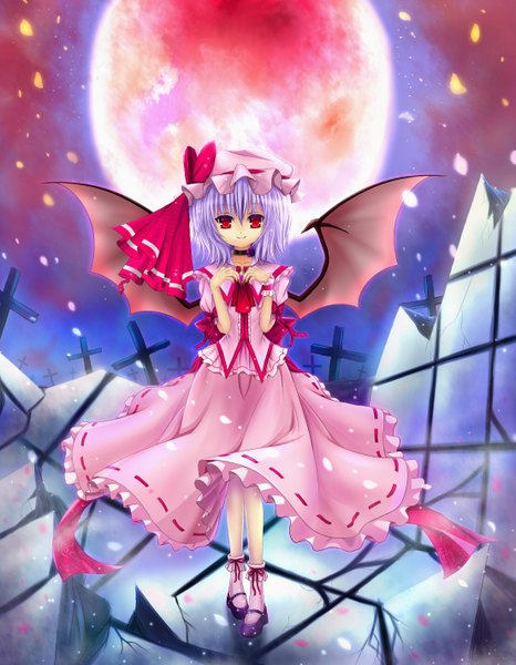 Anime picture 1105x1420 with touhou remilia scarlet cloudy.r single tall image short hair smile red eyes purple hair bat wings red moon girl dress skirt bow hat petals wings cross skirt set
