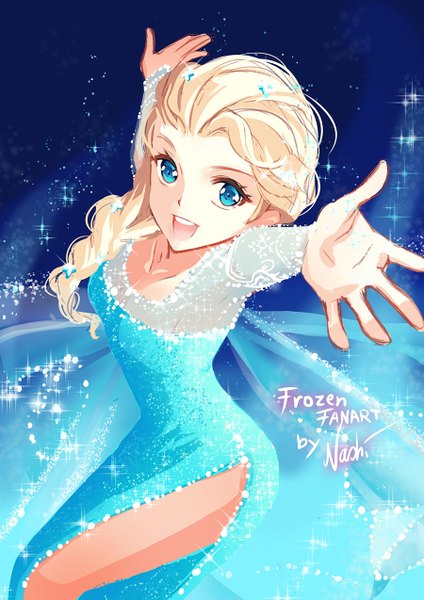 Anime picture 900x1273 with frozen (disney) disney elsa (frozen) single tall image breasts open mouth blue eyes signed braid (braids) from above inscription teeth single braid looking up glow girl dress shawl