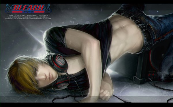 Anime picture 1200x743 with bleach studio pierrot kurosaki ichigo nagare-boshi (artist) blackstorm single short hair blonde hair wide image brown eyes realistic inscription reclining boy navel belt headphones t-shirt wire (wires) jeans