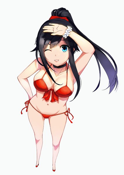 Anime picture 1000x1410 with original nuclear warhead (anti) single long hair tall image looking at viewer breasts blue eyes light erotic black hair ponytail one eye closed wink girl navel swimsuit bikini