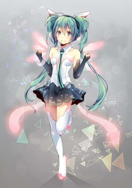 Anime picture 601x850 with vocaloid hatsune miku shiomizu (swat) single long hair tall image looking at viewer fringe smile twintails green eyes pleated skirt green hair standing on one leg girl thighhighs skirt gloves necktie boots