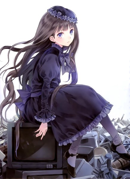 Anime picture 2034x2800 with kamisama no memochou shionji yuuko (alice) kishida mel single long hair tall image looking at viewer highres blue eyes black hair sitting lolita fashion goth-loli girl dress skirt bow hat pantyhose shoes