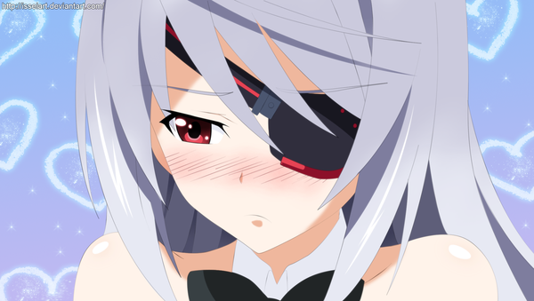 Anime picture 2000x1130 with infinite stratos 8bit laura bodewig isseiart single long hair blush highres red eyes wide image grey hair embarrassed coloring close-up face girl heart bowtie eyepatch