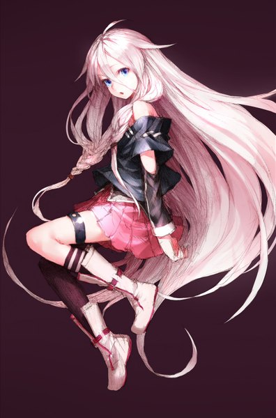 Anime picture 990x1500 with vocaloid ia (vocaloid) junwool single long hair tall image looking at viewer fringe blue eyes simple background pink hair braid (braids) very long hair off shoulder :o twin braids purple background weightlessness girl thighhighs