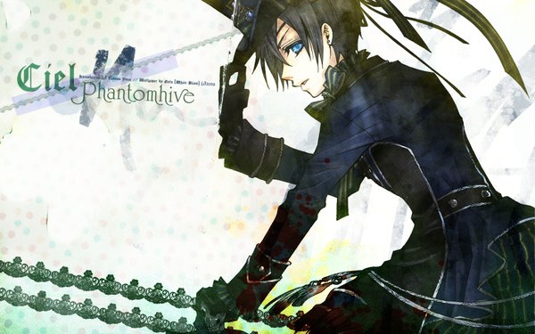 Anime picture 1680x1050 with kuroshitsuji a-1 pictures ciel phantomhive short hair open mouth blue eyes black hair wide image boy gloves hat eyepatch suit
