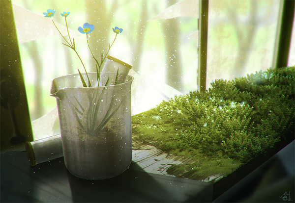 Anime picture 1000x691 with original mocha (cotton) signed indoors sunlight blurry no people ruins dust overgrown flower (flowers) plant (plants) window test tube moss beaker