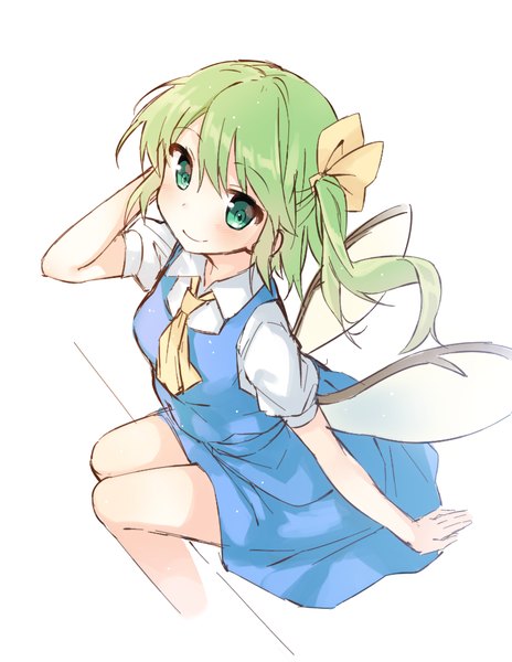 Anime picture 774x1000 with touhou daiyousei shnva single tall image blush short hair simple background smile white background green eyes green hair from above one side up hand on head girl dress bow hair bow wings