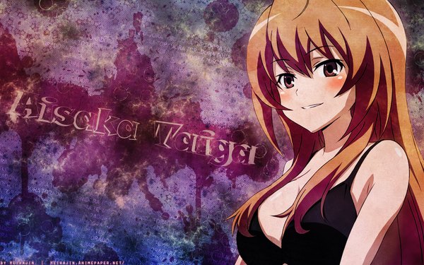 Anime picture 1680x1050 with toradora j.c. staff aisaka taiga single long hair blush fringe breasts brown hair wide image large breasts bare shoulders looking away cleavage wallpaper character names alternate breast size girl