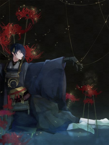 Anime picture 750x1000 with touken ranbu nitroplus mikazuki munechika yuukichi single tall image fringe short hair open mouth blue hair looking away profile wide sleeves black background reflection outstretched hand boy gloves flower (flowers) black gloves