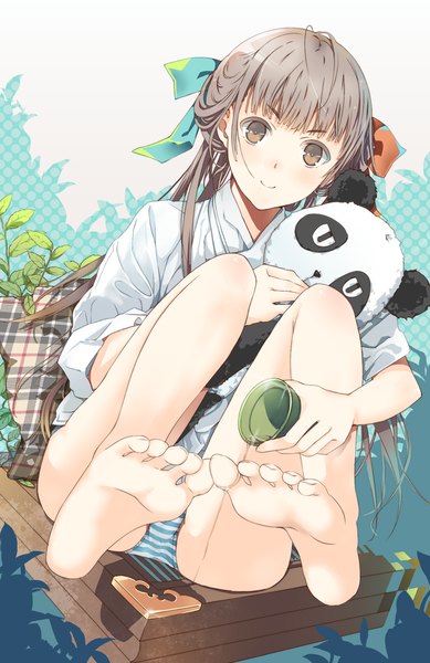 Anime picture 778x1200 with original pvmivs single long hair tall image light erotic smile brown eyes barefoot grey hair legs girl underwear panties shirt toy stuffed animal