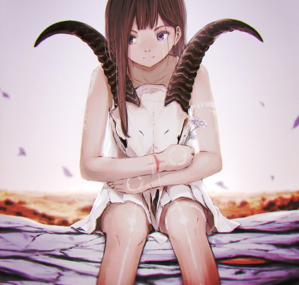 Anime picture 1696x1618 with original minamito single long hair fringe brown hair sitting purple eyes holding looking away sky outdoors horn (horns) blurry tattoo hug torn clothes facial mark scar girl
