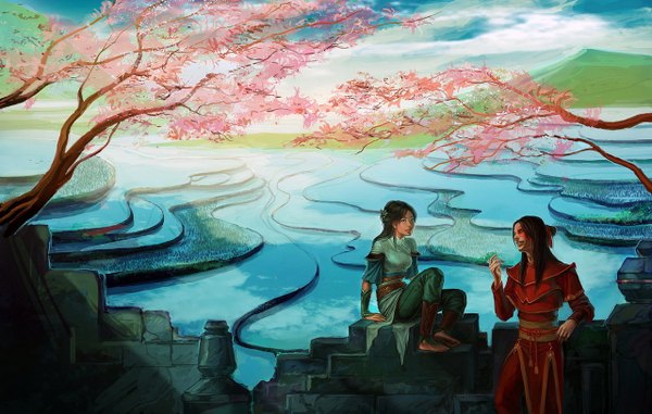 Anime picture 1280x813 with avatar: the last airbender nickelodeon toph beifong zuko anndr (artist) long hair smile sitting sky cloud (clouds) barefoot no shoes couple cherry blossoms scar mountain landscape panorama girl boy