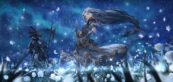 Anime picture 2097x1000 with valkyrie profile lenneth alicia hrist valkyrie alcd long hair looking at viewer fringe highres blue eyes black hair blonde hair wide image multiple girls blue hair sky looking back wind night light