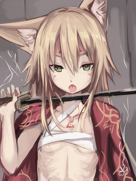 Anime picture 1500x2000 with original haik single long hair tall image looking at viewer open mouth light erotic blonde hair standing holding green eyes animal ears nail polish teeth fang (fangs) fox ears facial mark close-up saliva
