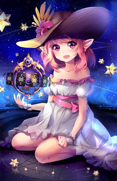 Anime picture 828x1280 with final fantasy final fantasy xiv square enix au ra squchan single tall image looking at viewer blush fringe short hair sitting bare shoulders pink hair bent knee (knees) pink eyes arm up pointy ears night bare legs