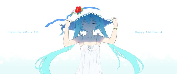 Anime picture 1680x705 with vocaloid hatsune miku cait single simple background smile wide image white background twintails eyes closed aqua hair inscription alternate costume character names happy birthday girl dress flower (flowers) ribbon (ribbons) hat