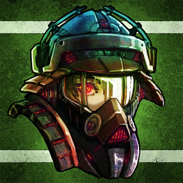 Anime picture 1000x1000 with original chevasis (artist) single looking at viewer red eyes glowing glowing eye (eyes) helmet gas mask