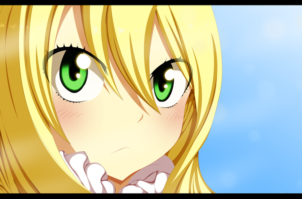 Anime picture 4500x2972 with fairy tail mavis vermillion kemucampos single long hair blush highres blonde hair green eyes absurdres sky sunlight coloring close-up face girl