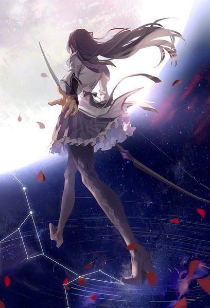 Anime picture 800x1175 with mahou shoujo madoka magica shaft (studio) akemi homura achyue single long hair tall image sky orange hair night from below high heels night sky floating hair outstretched arm magic walking frilly skirt constellation girl