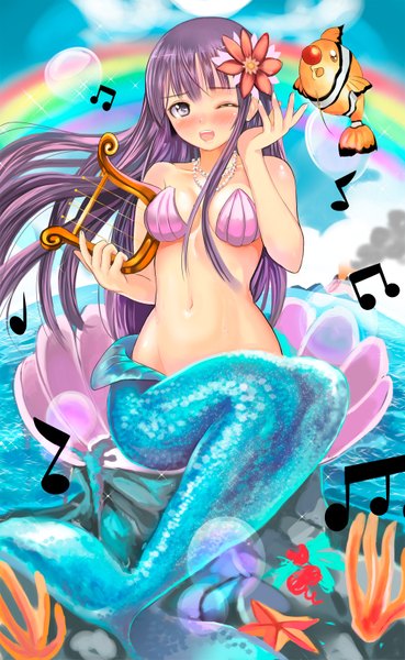 Anime picture 1000x1625 with leon-hearts single long hair tall image blush light erotic smile sitting purple hair tail one eye closed hair flower wink grey eyes fish tail girl navel hair ornament flower (flowers) fish (fishes)
