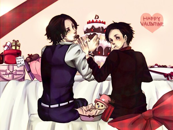 Anime picture 1059x800 with one piece toei animation monkey d. luffy tony tony chopper portgas d. ace soopoo (artist) short hair brown hair sitting brown eyes scar eating valentine boy bow food heart sweets vest suit