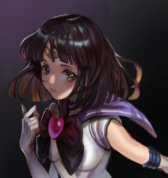 Anime picture 850x897 with bishoujo senshi sailor moon toei animation tomoe hotaru sailor saturn pingffy single tall image short hair black hair brown hair green eyes looking away arm up dark background girl gloves bow elbow gloves white gloves heart