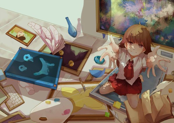 Anime picture 1408x1000 with ib (game) ib (ib) xiaohan single looking at viewer fringe brown hair brown eyes barefoot from above bare legs tears light looking up girl skirt shirt petals book (books) feather (feathers)