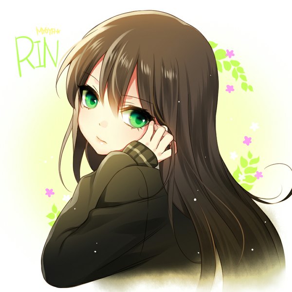 Anime picture 885x884 with idolmaster idolmaster cinderella girls shibuya rin myoya single long hair fringe brown hair white background green eyes looking away head tilt inscription character names adjusting hair girl uniform flower (flowers) school uniform cardigan