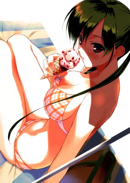 Anime picture 3544x4973 with original fumio (ura fmo) single long hair tall image blush highres breasts light erotic large breasts absurdres looking back green hair eating girl swimsuit bikini food sweets ice cream