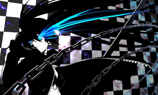 Anime picture 1500x900 with black rock shooter black rock shooter (character) nyamota (noraneko koubou) single fringe black hair hair between eyes wide image twintails looking away very long hair aqua eyes open jacket glowing glowing eye (eyes) checkered checkered background white skin uneven twintails girl