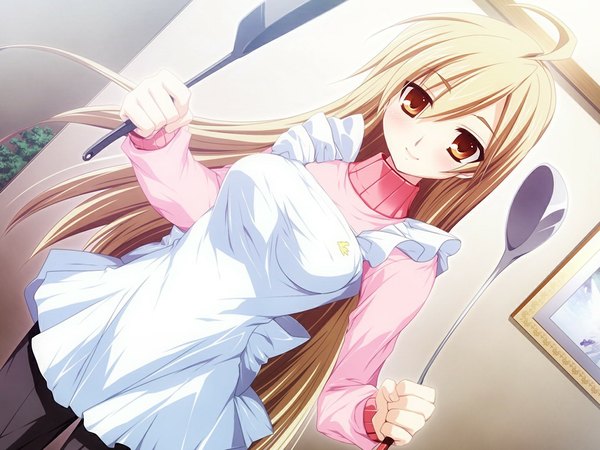 Anime picture 1024x768 with rensai kisou camellia note long hair blonde hair game cg orange eyes girl apron