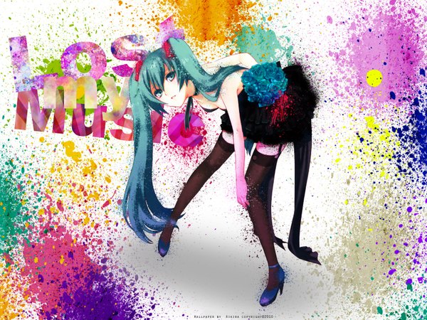 Anime picture 1600x1200 with vocaloid hatsune miku long hair twintails green eyes blue hair girl thighhighs dress flower (flowers) black thighhighs rose (roses) blue rose