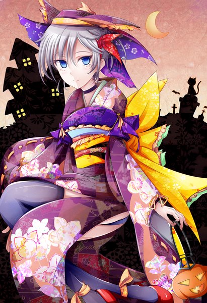 Anime picture 1068x1559 with idolmaster idolmaster cinderella girls anastasia (idolmaster) fudo shin single tall image looking at viewer short hair blue eyes smile white hair traditional clothes japanese clothes halloween crescent girl kimono moon jack-o'-lantern