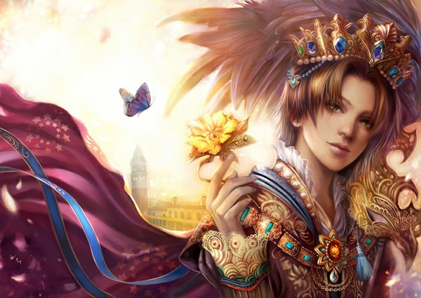 Anime picture 1024x727 with jiuge single short hair green eyes light smile lips grey hair sunlight realistic boy flower (flowers) ribbon (ribbons) insect building (buildings) butterfly jewelry feather (feathers) cloak crown sun