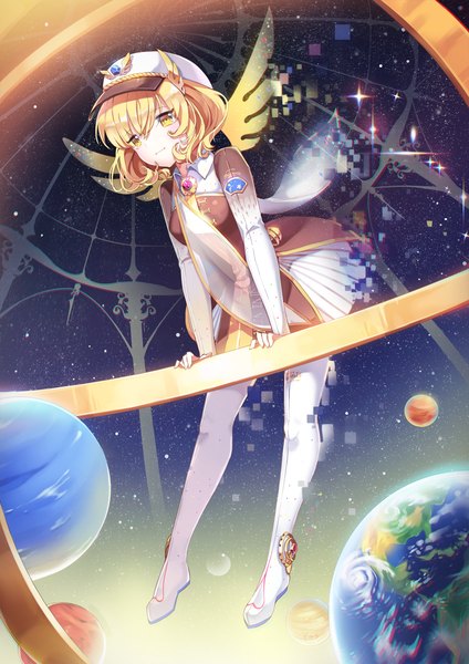 Anime picture 1000x1415 with original cherinova single tall image short hair blonde hair yellow eyes looking away girl dress wings thigh boots peaked cap planet