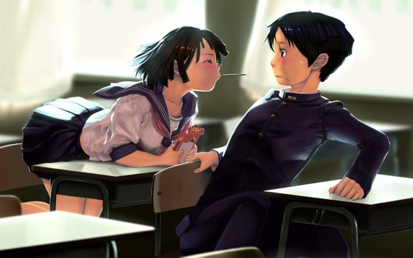 Anime picture 2600x1625 with original tororoto blush highres short hair black hair wide image sitting brown eyes eyes closed couple pocky kiss girl boy skirt miniskirt serafuku food sweets desk