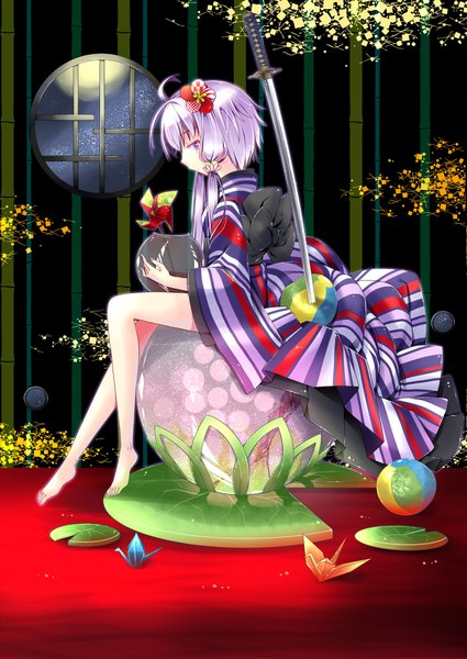 Anime picture 1417x2000 with vocaloid yuzuki yukari ringo sui single long hair tall image purple eyes twintails holding looking away purple hair ahoge indoors traditional clothes japanese clothes profile barefoot hair flower wide sleeves bare legs