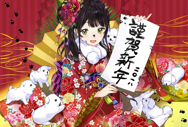 Anime picture 1748x1181 with original macciatto (aciel02) single long hair blush fringe highres open mouth black hair sitting green eyes blunt bangs traditional clothes japanese clothes new year yokozuwari face paint paw print happy new year nengajou