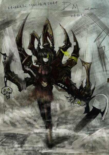 Anime picture 2448x3464 with black rock shooter dead master single long hair tall image looking at viewer blush highres black hair green eyes horn (horns) glowing glowing eye (eyes) girl dress skull scythe