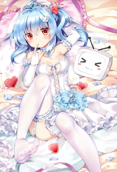 Anime picture 1360x2000 with bilibili douga bili girl 33 xiao dianshi mvv single tall image blush short hair light erotic red eyes blue hair finger to mouth girl thighhighs dress white thighhighs heart