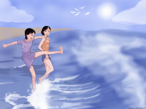 Anime picture 1600x1200 with takamichi short hair black hair standing bare shoulders multiple girls looking away sky cloud (clouds) full body barefoot black eyes sunlight bare legs beach partially submerged standing on one leg girl dress 2 girls